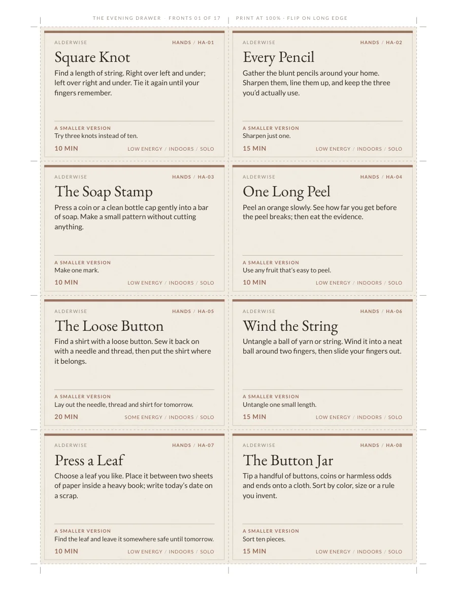A full printable sheet of Evening Drawer cards.