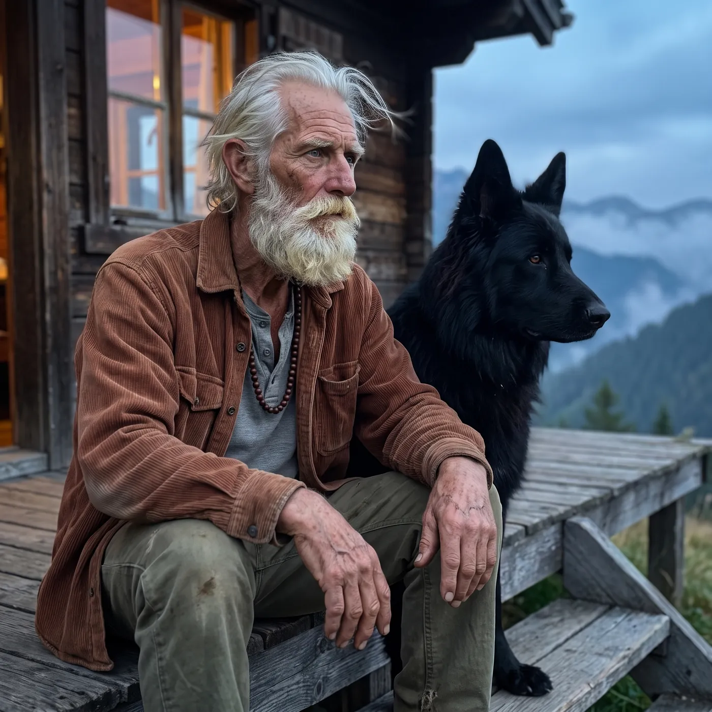 Alder sits on the wooden steps of his cabin at dusk, a black dog beside him, blue mountains behind.