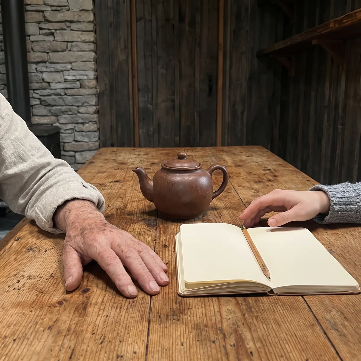 Two hands, one older and one younger, rest on a wooden table beside a clay teapot and an open notebook.