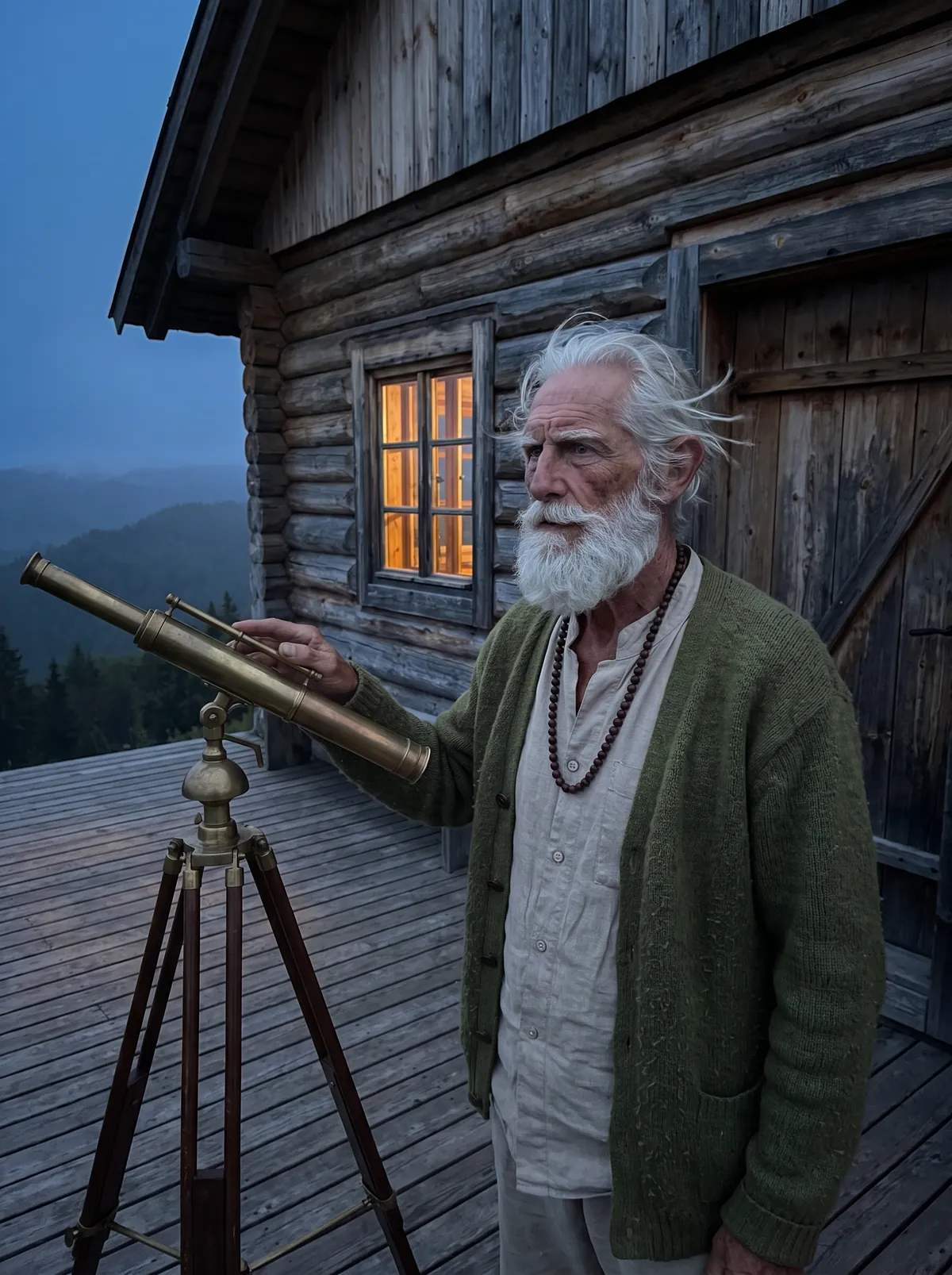 Alder rests a hand on a brass telescope on the deck at dusk, looking out over the valley.