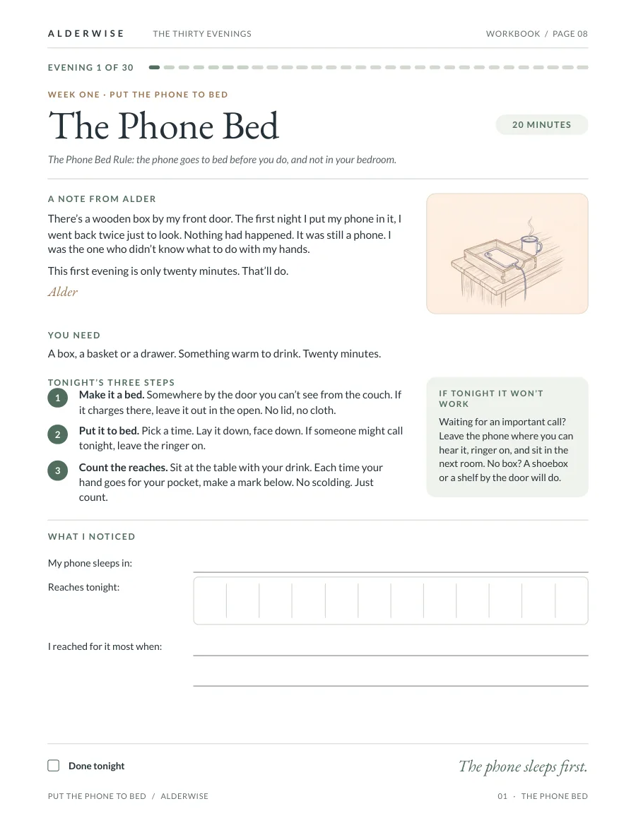 Evening 01, The Phone Bed: the first page of the workbook, with three steps and room to write.