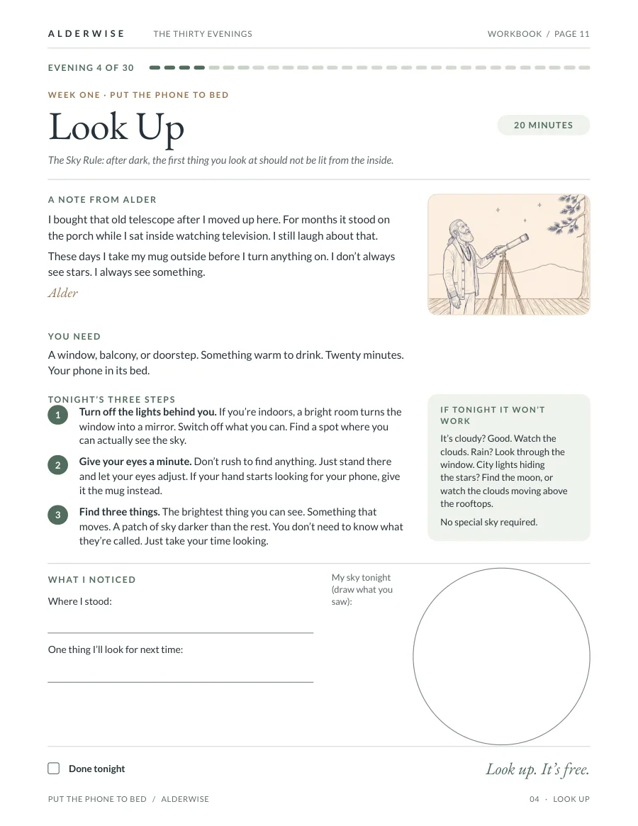Workbook page: Evening 04, Look Up.