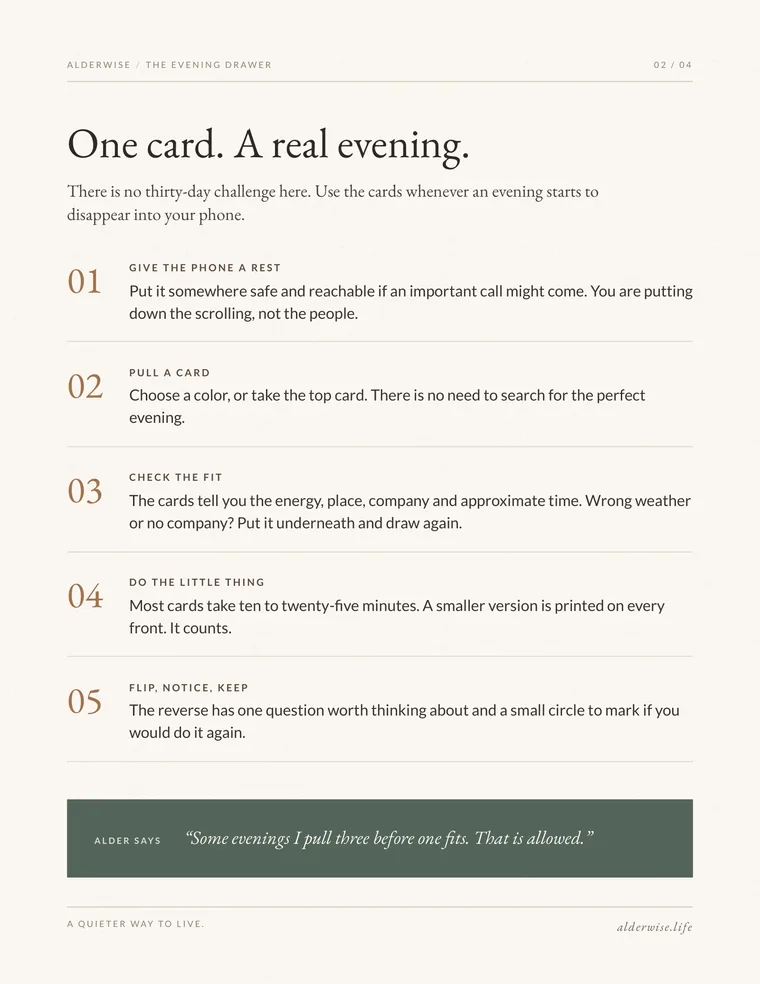 Card deck guide page 2 of 4: One card. A real evening.