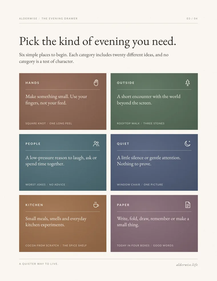 Card deck guide page 3 of 4: the six kinds of evening.