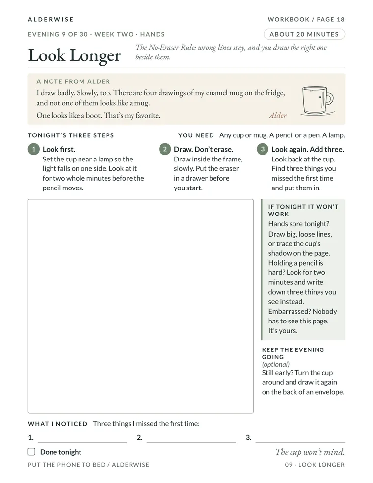 Workbook page 18 of 57: Evening 9, Look Longer.