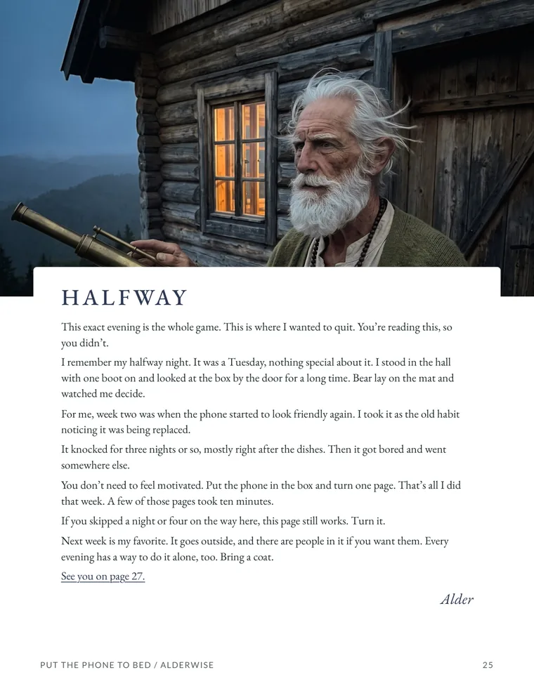 Workbook page 25 of 57: Halfway, a note from Alder.