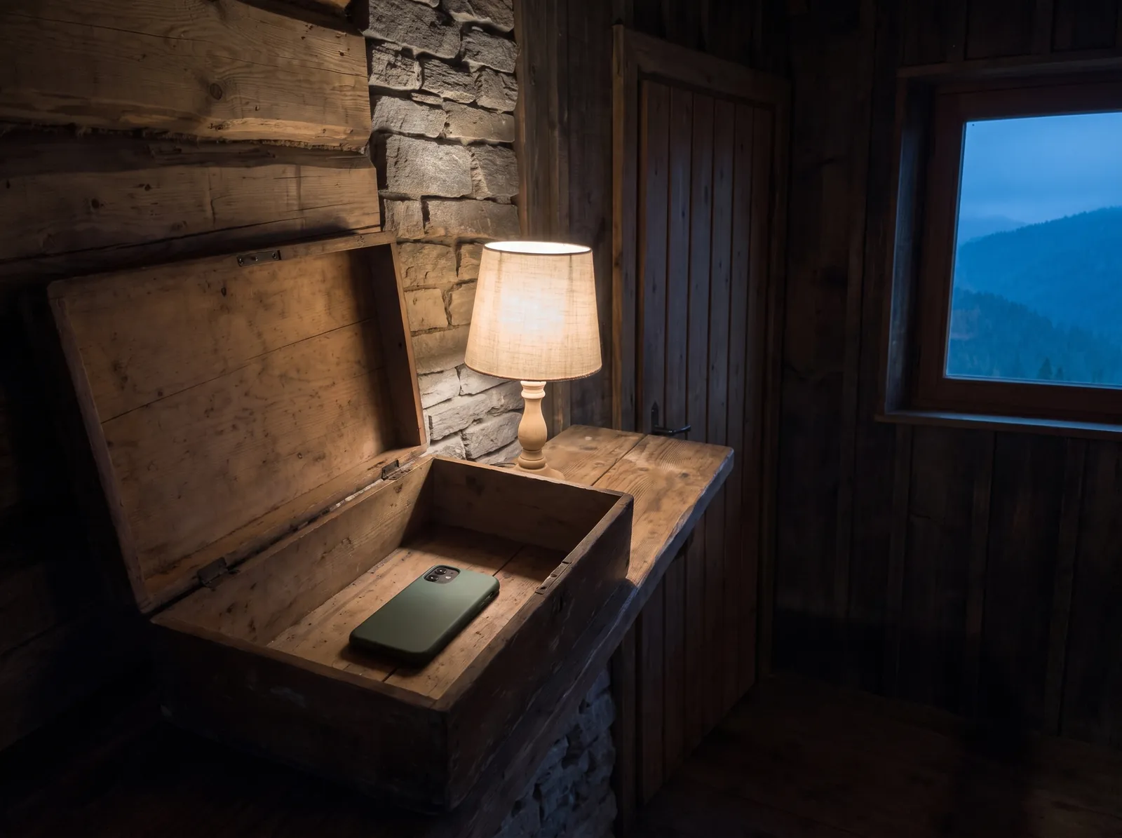 A phone lies face down in an open wooden box on a shelf by the door, a small lamp lit, the blue ridge in the window.